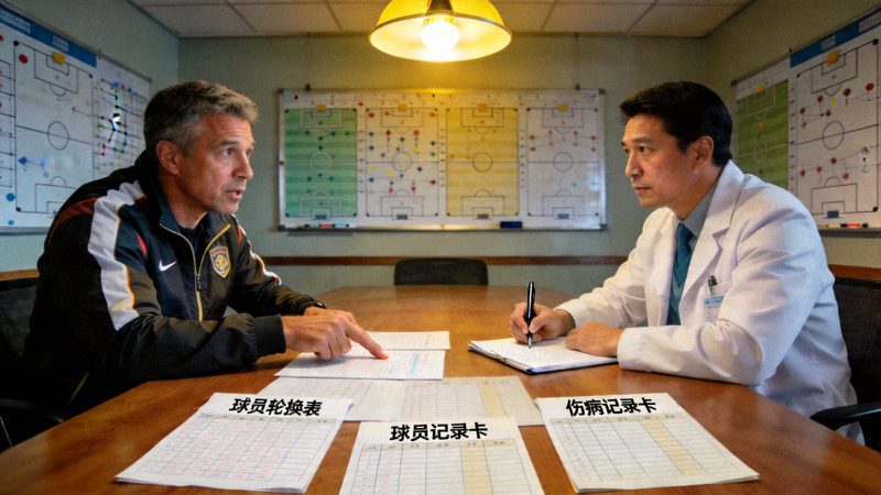 教练与队医讨论球员轮换与伤病管理计划