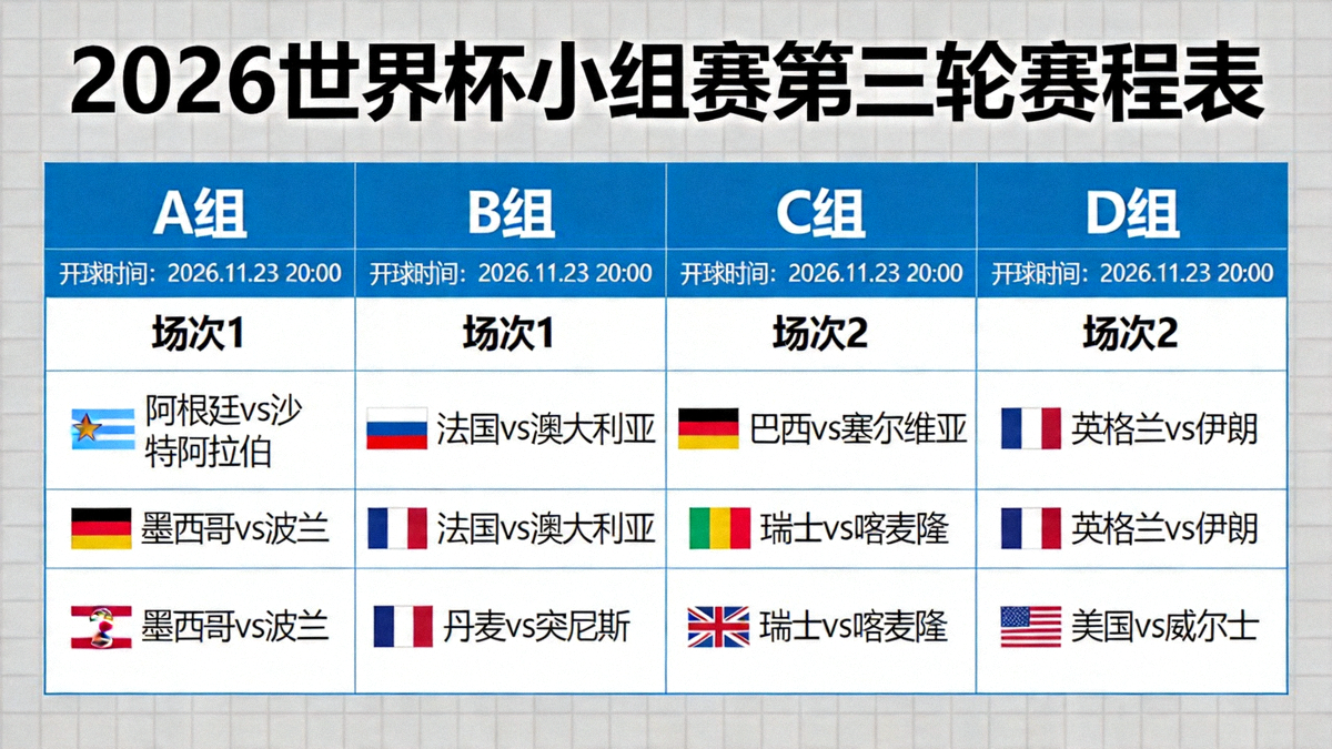 2026世界杯小组赛第三轮赛程表示意图，展示同组比赛同时开球